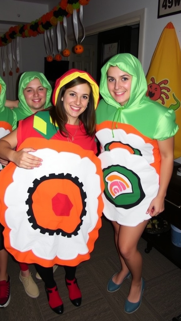 A playful sushi costume for Halloween, showcasing a person dressed as a sushi roll with bright toppings.